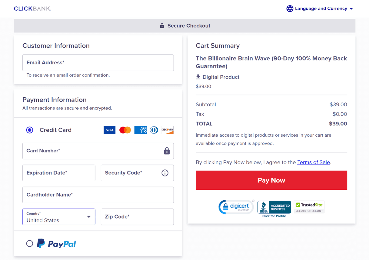 Billionaire brain wave Checkout Page